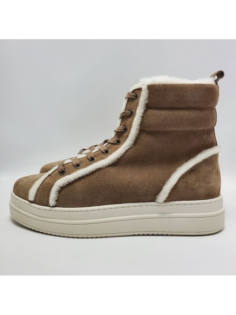 J Slides NYC Nadal Faux Fur High Top Platform Boot Sneakers Taupe Suede Size 9.5 - Picture 3 of 15